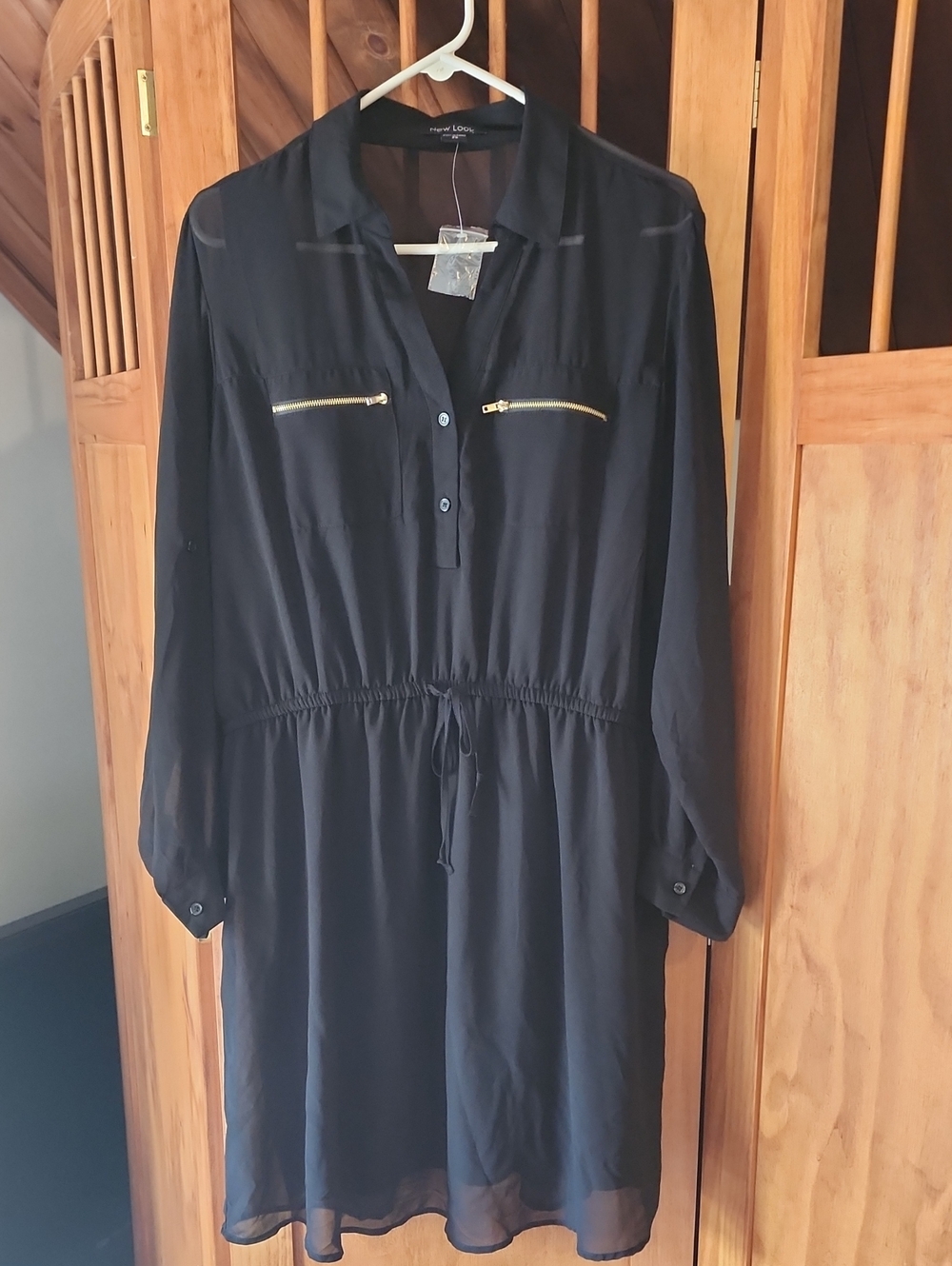 New Look Black Long Sleeve Shirt Dress with Gold Zips